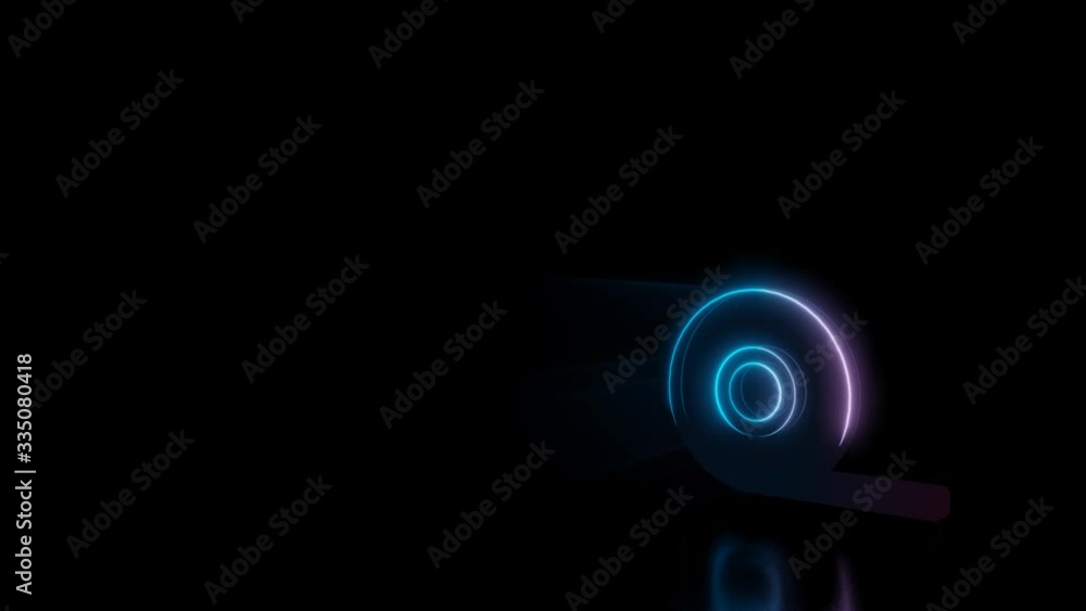 Poster abstract 3d rendering glowing blue purple neon symbol of tape with glowing outlines with rays on bla