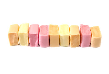 colored chewing sweets on a white background.