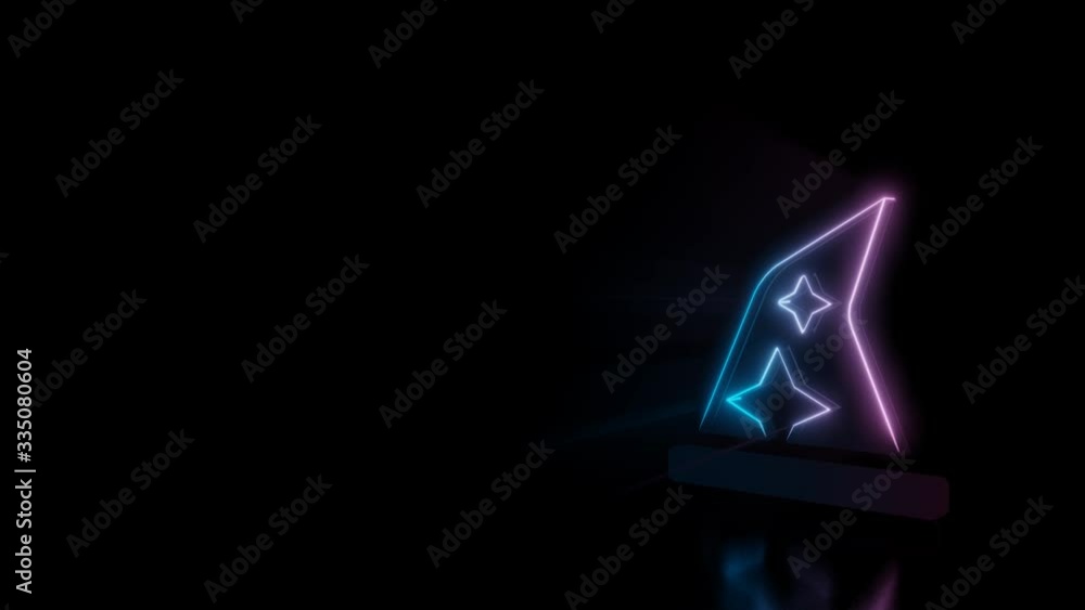 Poster abstract 3d rendering glowing blue purple neon symbol of wizard´s hat with stars with glowing outlin