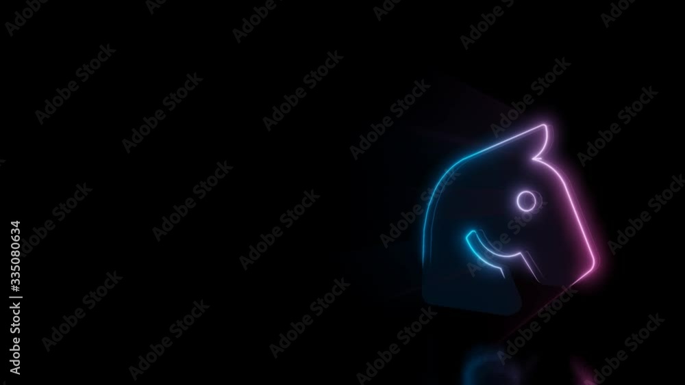 Poster abstract 3d rendering glowing blue purple neon symbol of horse head with glowing outlines with rays 