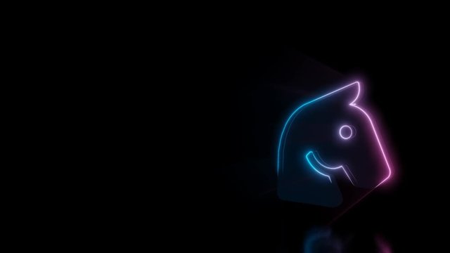 Abstract 3d rendering glowing blue purple neon symbol of horse head with glowing outlines with rays on black background with reflection