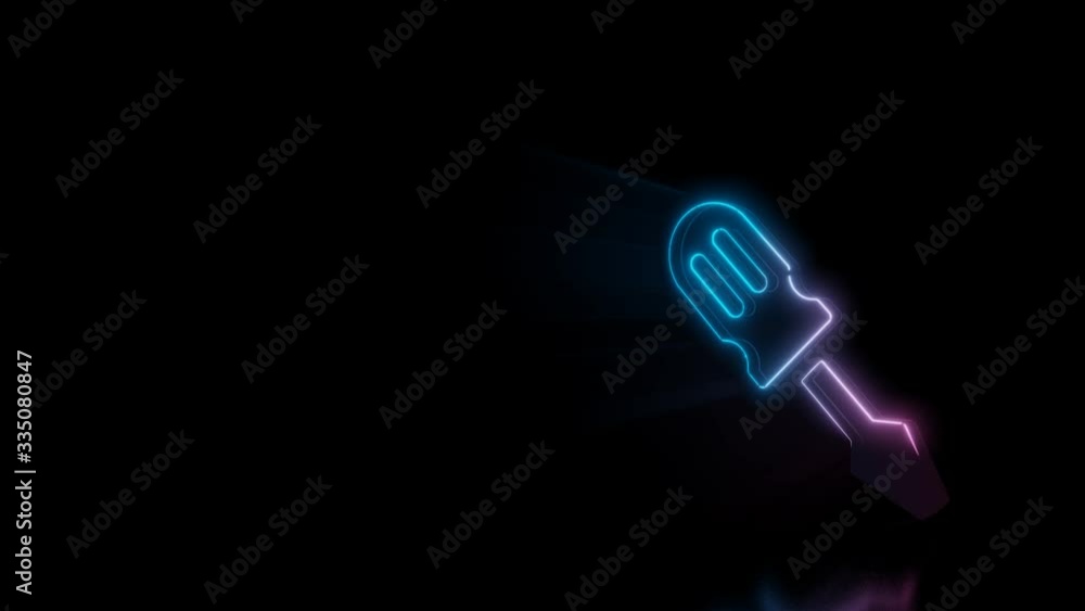 Poster abstract 3d rendering glowing blue purple neon symbol of screwdriver with glowing outlines with rays