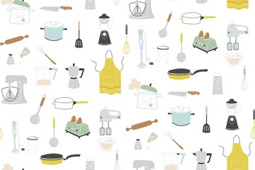 Kitchen doodle vector icon set. Vector seamless pattern.