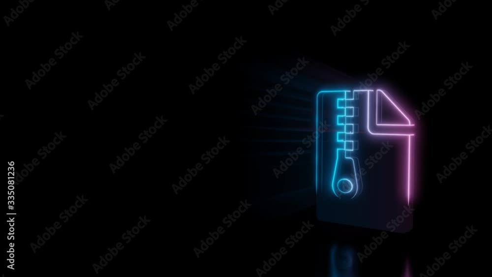 Poster abstract 3d rendering glowing blue purple neon symbol of paper with bent corner and zip with glowing