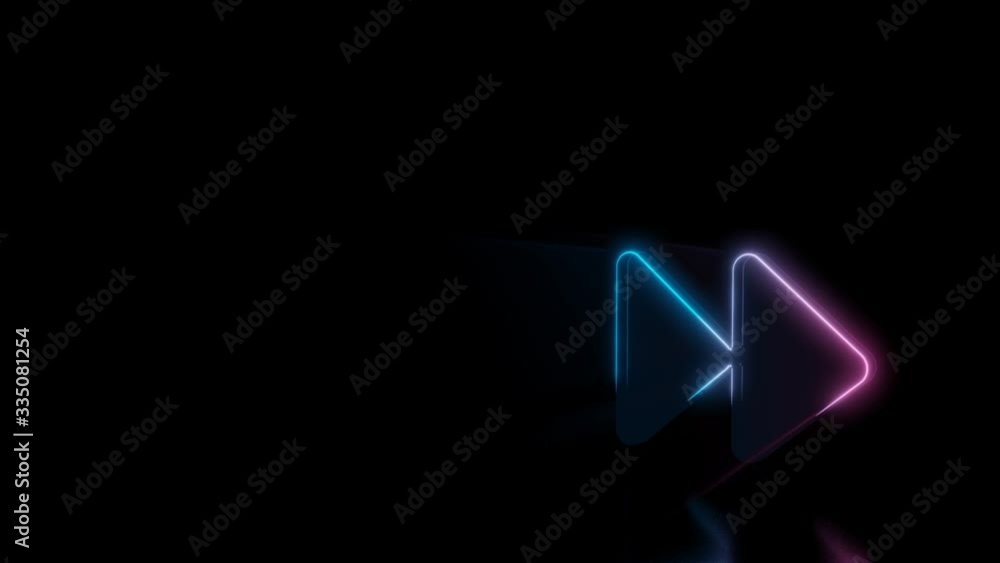 Poster abstract 3d rendering glowing blue purple neon symbol of two right double arrows with glowing outlin