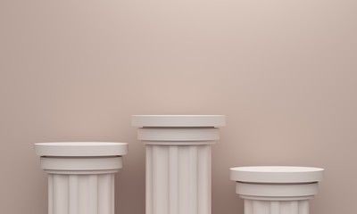 Beige abstract background with vintage columns platforms and the wall. 3d rendering