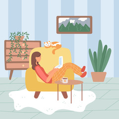 young woman girl sitting on an armchair in home clothes with laptop. what to do in quarantine. flat vector cartoon illustration
