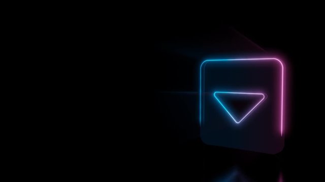 Abstract 3d rendering glowing blue purple neon symbol of caret square down with glowing outlines with rays on black background with reflection