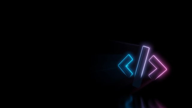 Abstract 3d rendering glowing blue purple neon symbol of code tag with glowing outlines with rays on black background with reflection