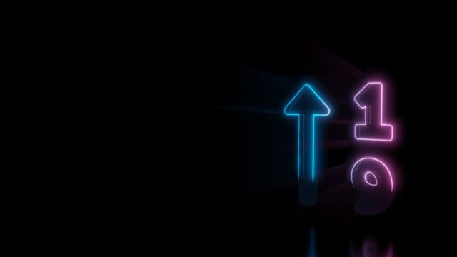 Abstract 3d rendering glowing blue purple neon symbol of up arrow with number one and nine with glowing outlines with rays on black background with reflection