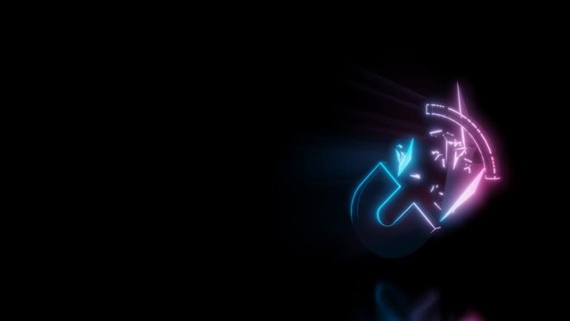 Abstract 3d rendering glowing blue purple neon symbol of horseshoe magnet with magnetic wires with glowing outlines with rays on black background with reflection