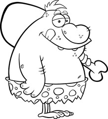 Black And White Fat Caveman Cartoon Character With Big Chicken Leg. Vector Illustration Isolated On White Background