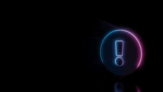 Abstract 3d rendering glowing blue purple neon symbol of exclamation symbol in circle with glowing outlines with rays on black background with reflection