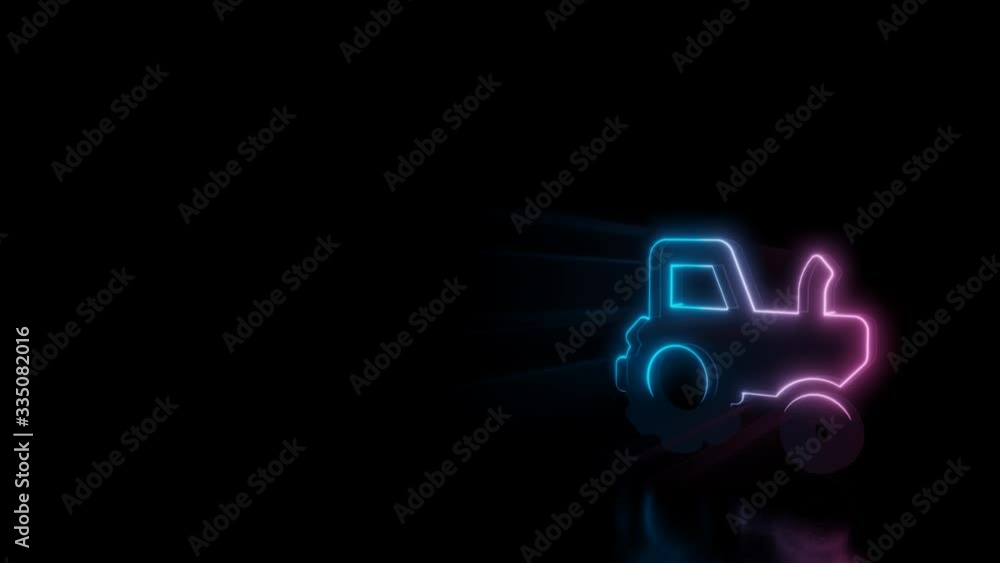 Poster abstract 3d rendering glowing blue purple neon symbol of tractor with glowing outlines with rays on 