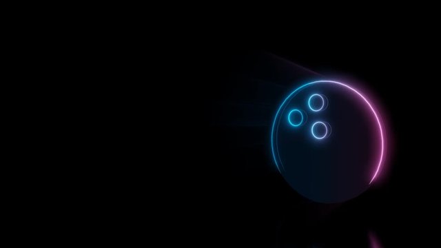 Abstract 3d rendering glowing blue purple neon symbol of bowling ball with glowing outlines with rays on black background with reflection