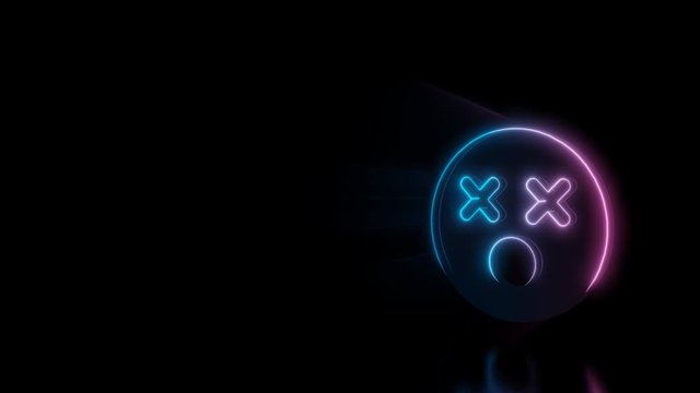 Abstract 3d rendering glowing blue purple neon symbol of dizzy emoticon with glowing outlines with rays on black background with reflection