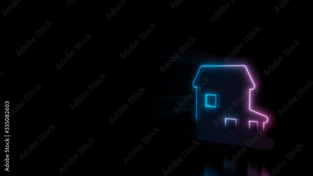 Poster abstract 3d rendering glowing blue purple neon symbol of villa with terrace with glowing outlines wi