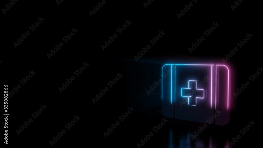 Poster abstract 3d rendering glowing blue purple neon symbol of first aid box with cross with glowing outli