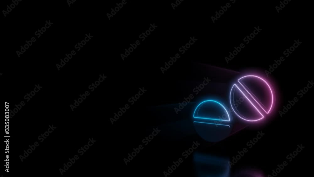 Poster abstract 3d rendering glowing blue purple neon symbol of two pills with glowing outlines with rays o