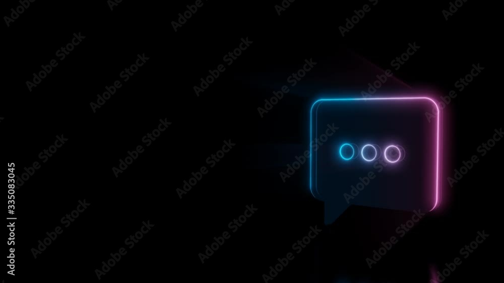 Poster Abstract 3d rendering glowing blue purple neon symbol of rectangular chat bubble with rounded corner and three dots with glowing outlines with rays on black background with reflection