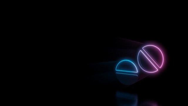 Abstract 3d rendering glowing blue purple neon symbol of two pills with glowing outlines with rays on black background with reflection
