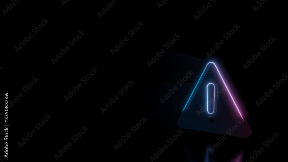 Poster abstract 3d rendering glowing blue purple neon symbol of exclamation sign in triangle with glowing o