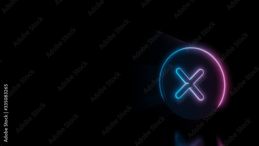 Poster Abstract 3d rendering glowing blue purple neon symbol of cancel cross in circle with glowing outlines with rays on black background with reflection