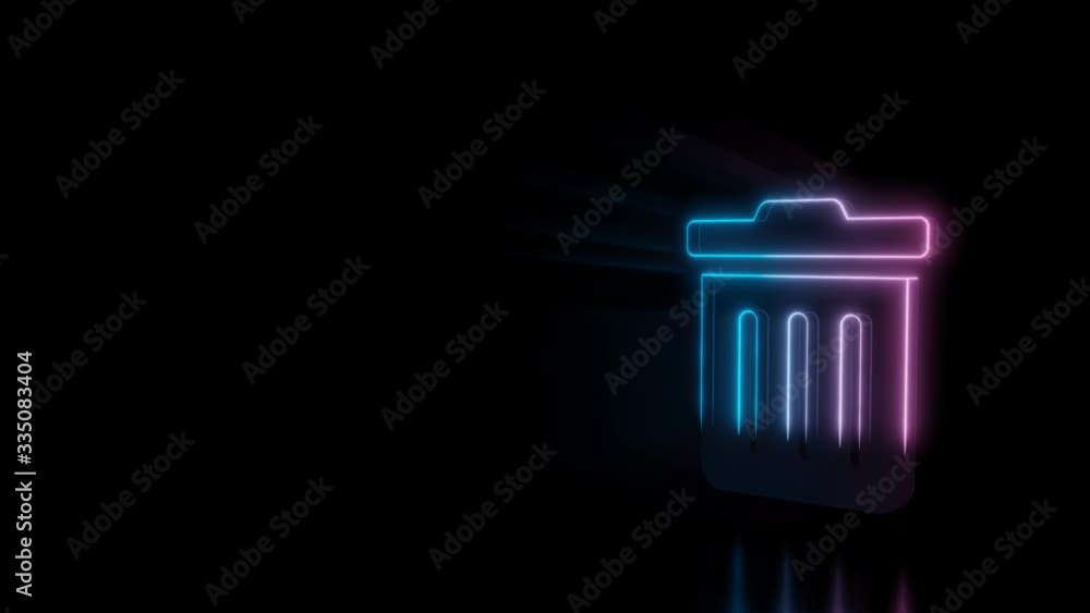 Poster abstract 3d rendering glowing blue purple neon symbol of trash bin with stripes with glowing outline