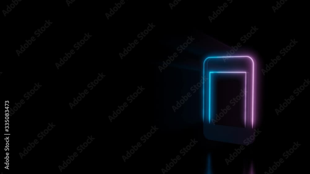 Poster abstract 3d rendering glowing blue purple neon symbol of mobile phone with glowing outlines with ray