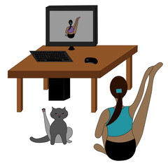 Woman is doing yoga at home under quarantine. Her cat is studying yoga too. Her trainer is on the computer screen.