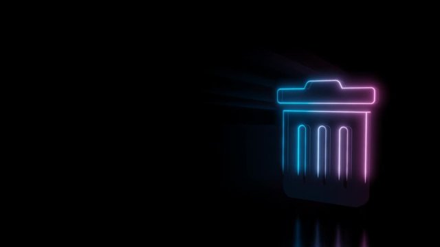 Abstract 3d rendering glowing blue purple neon symbol of trash bin with stripes with glowing outlines with rays on black background with reflection