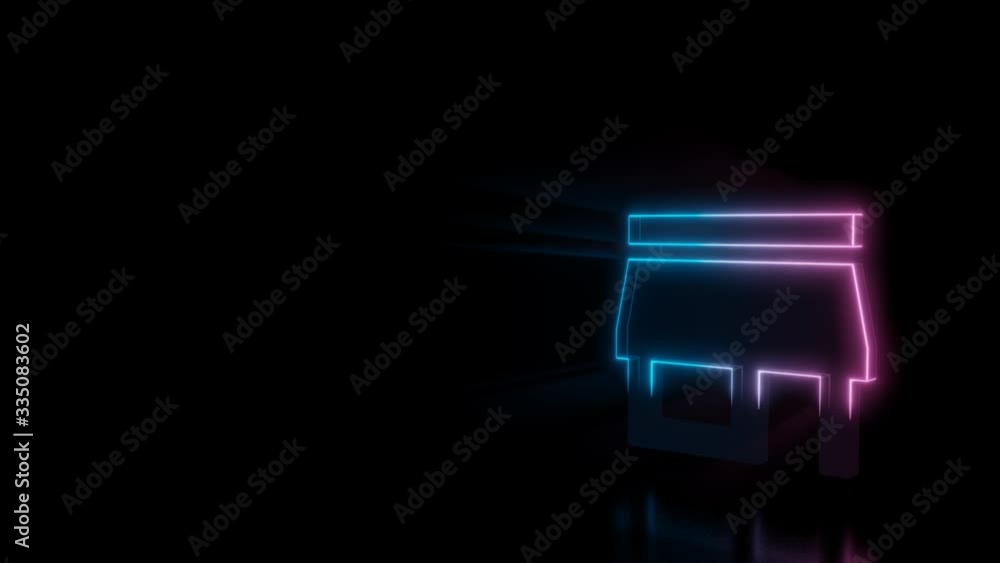Poster abstract 3d rendering glowing blue purple neon symbol of store with straight roof with glowing outli