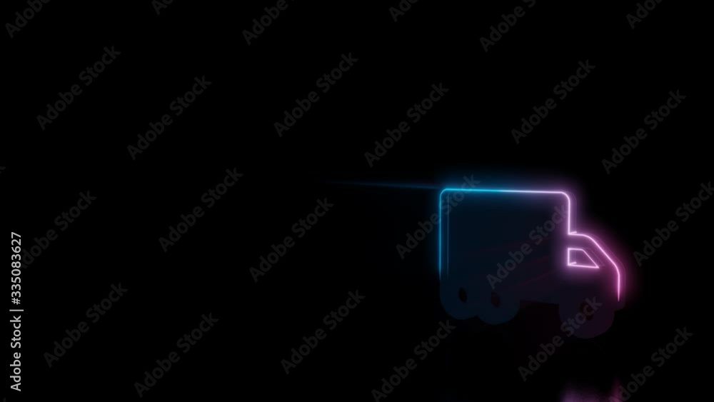 Poster abstract 3d rendering glowing blue purple neon symbol of moving truck with glowing outlines with ray
