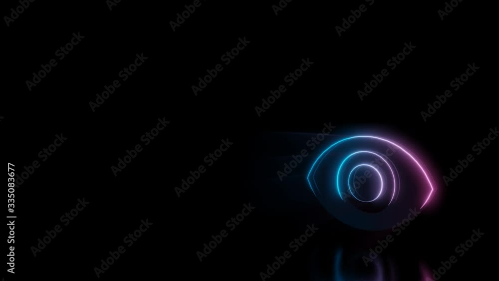 Poster abstract 3d rendering glowing blue purple neon symbol of open eye with glowing outlines with rays on