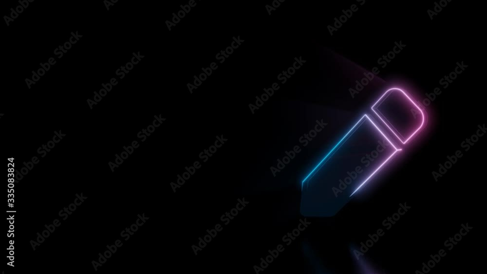 Poster abstract 3d rendering glowing blue purple neon symbol of pen with glowing outlines with rays on blac