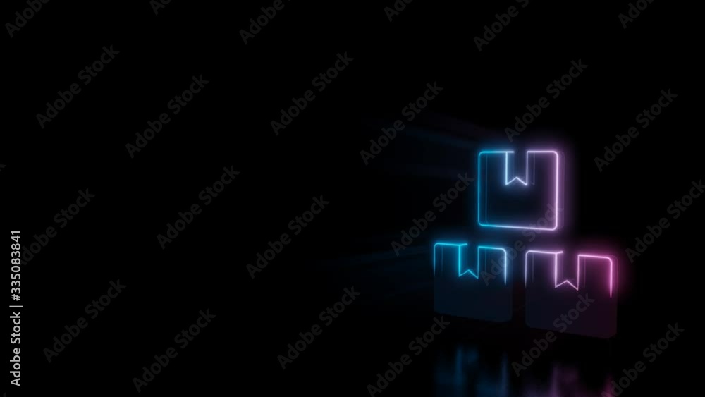 Poster abstract 3d rendering glowing blue purple neon symbol of three boxes belted with tape with glowing o