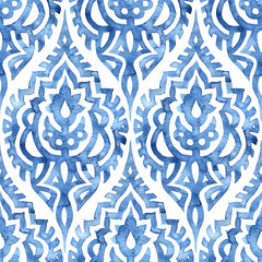 Seamless watercolor pattern. Blue and white brush-drawn ornament on paper. Vector illustration.