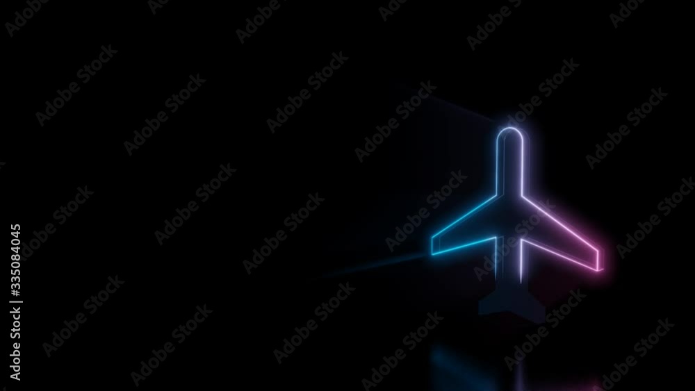 Poster abstract 3d rendering glowing blue purple neon symbol of airplane from top view with glowing outline