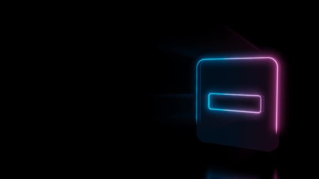 Abstract 3d rendering glowing blue purple neon symbol of bold minus symbol in square with glowing outlines with rays on black background with reflection