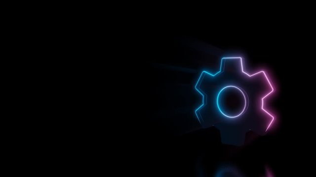 Abstract 3d rendering glowing blue purple neon symbol of cogwheel with glowing outlines with rays on black background with reflection