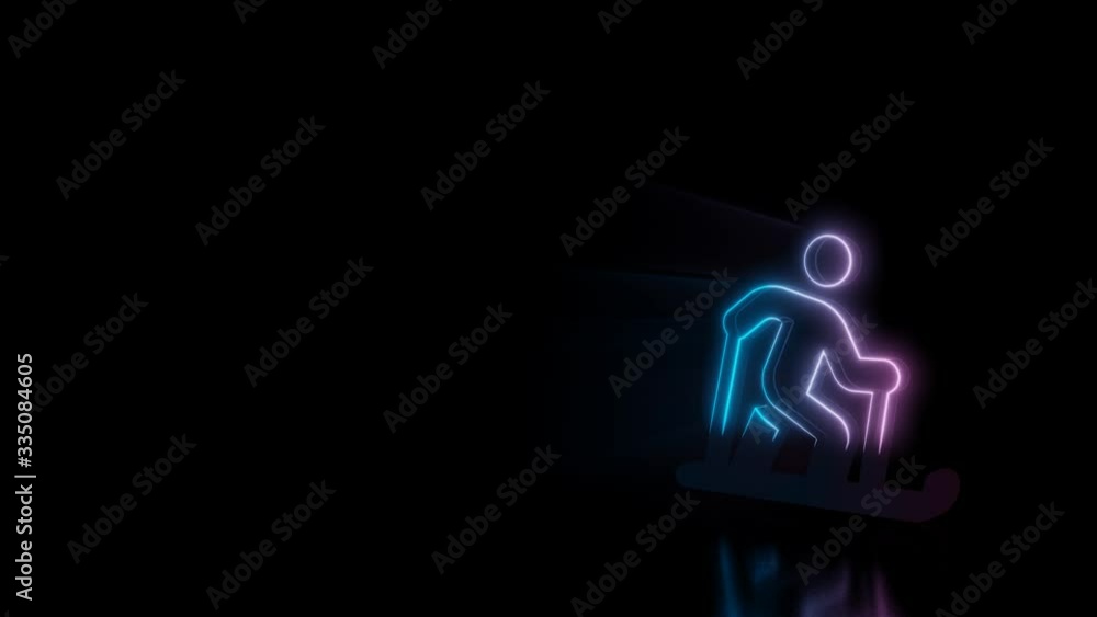 Poster abstract 3d rendering glowing blue purple neon symbol of skiing nordic figure with glowing outlines 