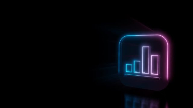 Abstract 3d rendering glowing blue purple neon icon of financial app in iOS style with glowing outlines with rays on black background with reflection