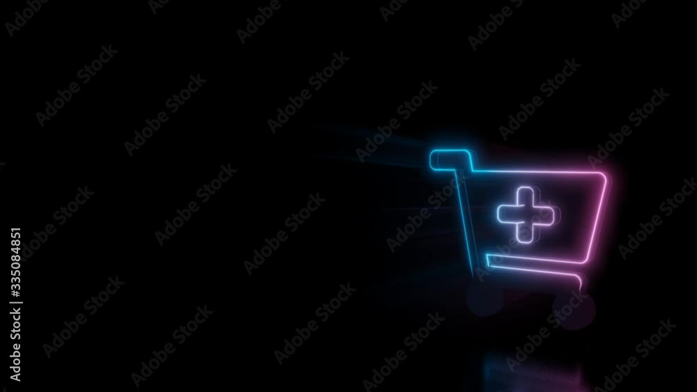 Poster abstract 3d rendering glowing blue purple neon symbol of cart plus with glowing outlines with rays o
