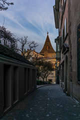 Narrow cobbled streets in the center of Zurich old town, deserted during the lockdown