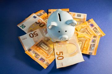 blue pig piggy bank on a blue background 50 euro fan under the piggy bank