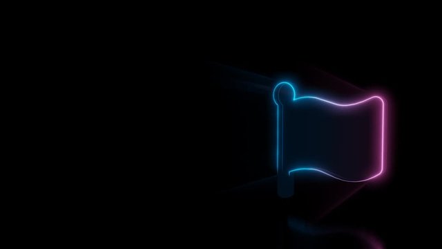 Abstract 3d rendering glowing blue purple neon symbol of billowy flag with glowing outlines with rays on black background with reflection