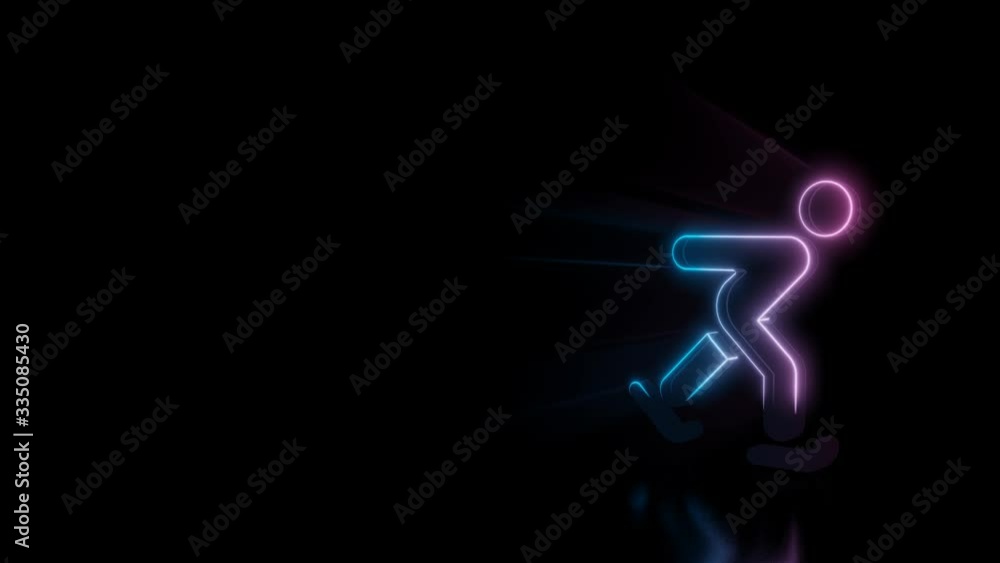 Poster abstract 3d rendering glowing blue purple neon symbol of skating figure with glowing outlines with r