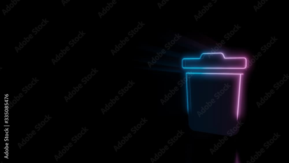 Poster abstract 3d rendering glowing blue purple neon symbol of trash bin with glowing outlines with rays o