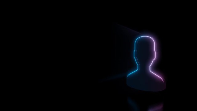 Abstract 3d rendering glowing blue purple neon symbol of man user with glowing outlines with rays on black background with reflection