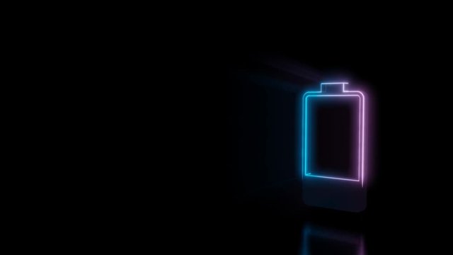 Abstract 3d rendering glowing blue purple neon vertical symbol of one fourth charged battery with one piece with glowing outlines with rays on black background with reflection